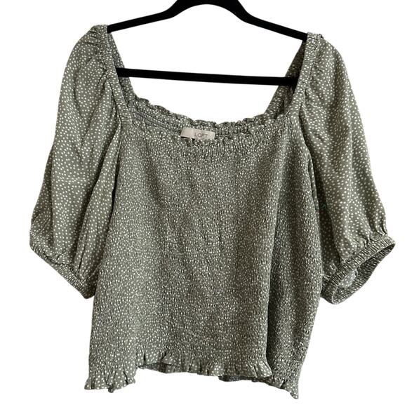 LOFT Dotted Smocked Blouse in Sundried Vine US L Puff Sleeve Polka Dot Boho Crop - Picture 1 of 7
